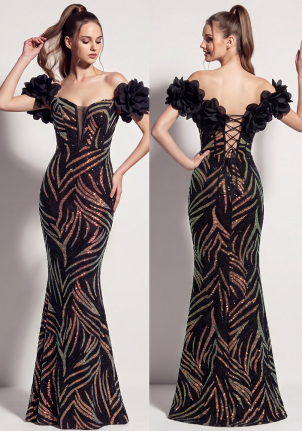 Women Boning Lace-Up Sequin Applique Formal Party Maxi Evening Dress
