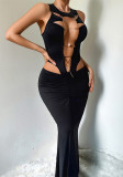 Women Lingerie Metal Chain Hollow Strap Bodysuit with Sexy Bodycon Mermaid Maxi Dress