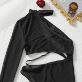 Women Silver Glitter Hollow Halter Neck Sexy Off Shoulder Irregular Bodysuit Lingerie