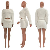 Women Fall Winter Knitting Round Neck Long Sleeve Sweater and Skirt Two Piece Set