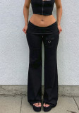 Women Cuffed Casual Pocket Patchwork Bell Bottom Long Pant