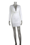 Women Cowl V Neck Long Sleeve Sexy Pleated Mini Bodycon Dress