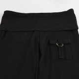 Women Cuffed Casual Pocket Patchwork Bell Bottom Long Pant