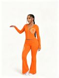 Women Fall Winter Casual Skull Rubber Print Patchwork Top and Bell Bottom Pant Two Piece Set