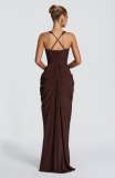 Women Asymmetric Ruched Sexy Slit French Strap U-Neck Ruched Split Dress