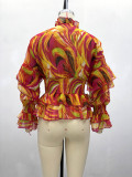 African Women Casual V-Neck Ruffle Print Long Sleeve Shirt