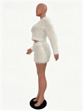 Women Fall Winter Knitting Round Neck Long Sleeve Sweater and Skirt Two Piece Set