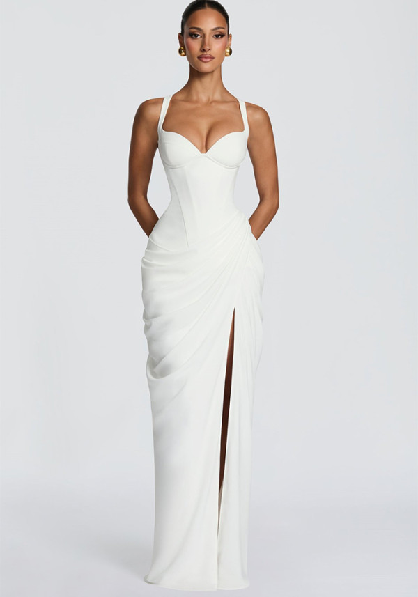 Women Asymmetric Ruched Sexy Slit French Strap U-Neck Ruched Split Dress