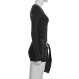 Women Pu-Leather Patchwork Long Sleeve Sexy Lace-Up Bodycon Dress