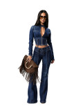Women Casual Lace-Up Stretch Washed Denim Top and Pant Two Piece Set