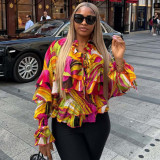 African Women Casual V-Neck Ruffle Print Long Sleeve Shirt