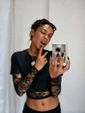 Women Lace Patchwork Long Sleeve Round Neck Crop Top