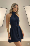Women's Summer Halter Neck Solid Color Slim Waist Short Dress