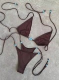 Women Coffee Tie Bikini Lace-Up Holidays Stretchy Color Block Swimsuit