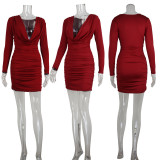 Women Cowl V Neck Long Sleeve Sexy Pleated Mini Bodycon Dress