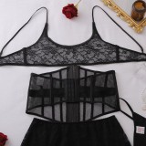 Women Lace-Up Strap Patchwork Bodycon Mermaid See-Through Lace Dress Lingerie