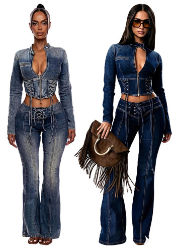 Women Casual Lace-Up Stretch Washed Denim Top and Pant Two Piece Set