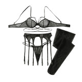 Women Harness Hollow Waist Cincher Lingerie with Fishnet Stockings Two Pieces