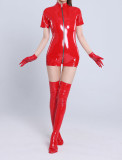 Women’s Long Sleeve Shiny Patent PU Leather Zippered Crotch Nightclub Romper