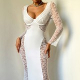 Women French Rose Lace See-Through Shaping Sexy Long Sleeve Dress with Thong Lingerie