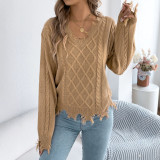 Women Fall Winter V-Neck Cable Long Sleeve Sweater