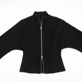 Women Autumn Mock Neck Double Zipper Long Sleeve T-Shirt Top