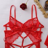 Women Harness Binding Hollow See-Through Lace Shaping Sexy Bodysuit with Stockings Lingerie