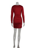 Women Cowl V Neck Long Sleeve Sexy Pleated Mini Bodycon Dress