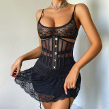 Women Lace-Up Strap Patchwork Bodycon Mermaid See-Through Lace Dress Lingerie