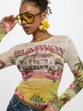 Women Tropical Floral Print Mesh Long Sleeve T-Shirt See-Through Basic Top