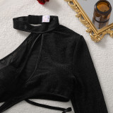 Women Silver Glitter Hollow Halter Neck Sexy Off Shoulder Irregular Bodysuit Lingerie