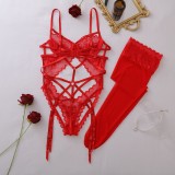 Women Harness Binding Hollow See-Through Lace Shaping Sexy Bodysuit with Stockings Lingerie