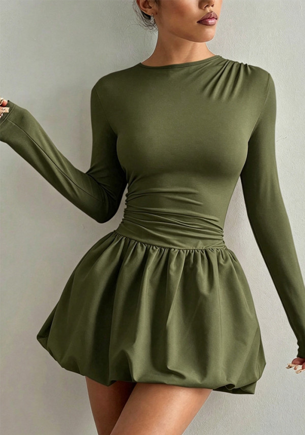Women Long Sleeve Stretchy Ruffle Dress
