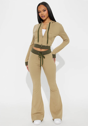 Women’s Fashion Casual Color Block Patchwork Bell Bottom Hooded Two-Piece Pants Set