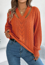 Women Fall Winter Casual Hollow V-Neck Cable Lantern Sleeve Sweater Women Fall Winter Casual Hollow V-Neck Cable Lantern Sleeve Sweater