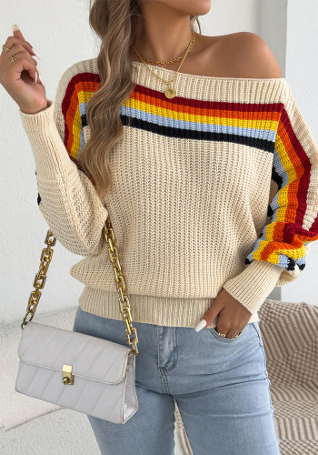Women Fall Winter Rainbow Striped Off Shoulder Lantern Sleeve Sweater