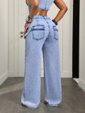 Women’s Trendy Multi Pocket Loose Straight Leg High Waist Denim Pants