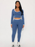 Women’s Color Block White Trim Ribbed High Waist Fitness Pants Two Piece Yoga Set
