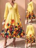 Plus Size Women’s Chic Elegant V Neck Printed Long Sleeve Slim Waist A Line Dress