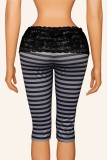 Women’s Fashion Striped Lace Waistband Tight Fitting High Stretch Slim Fit Basic Cropped Pants