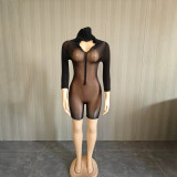 Women’s Sexy Stretch See Through Zip Up Hooded Bodysuit