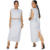 Women’s Polka Dot Sleeveless Round Neck Top Slim Waist Bodycon Skirt Two Piece Set