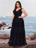 Plus Size Women’s Elegant Black Sequin Sleeveless V Neck Patchwork Mesh Formal Party Dress
