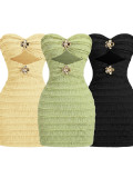 Women’s Strapless Textured Ruched Bodycon Night Mini Dress with Gold Floral Embellishment