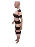 Spring Summer Women's Fashion Colorblock Turndown Collar Slim Fit Slit Dress