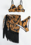 Women’s Sexy Printed Tassel Mesh Three Piece Bikini Swimsuit