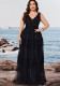 Plus Size Women’s Elegant Black Sequin Sleeveless V Neck Patchwork Mesh Formal Party Dress