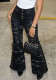 Women’s Print Side Lace Up Button Detail Flare Leg Denim Pants