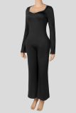 Women’s U Neck Low Back Long Sleeve Stretch Slim Fit Wide Leg Yoga Jumpsuit