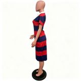 Spring Summer Women's Fashion Colorblock Turndown Collar Slim Fit Slit Dress